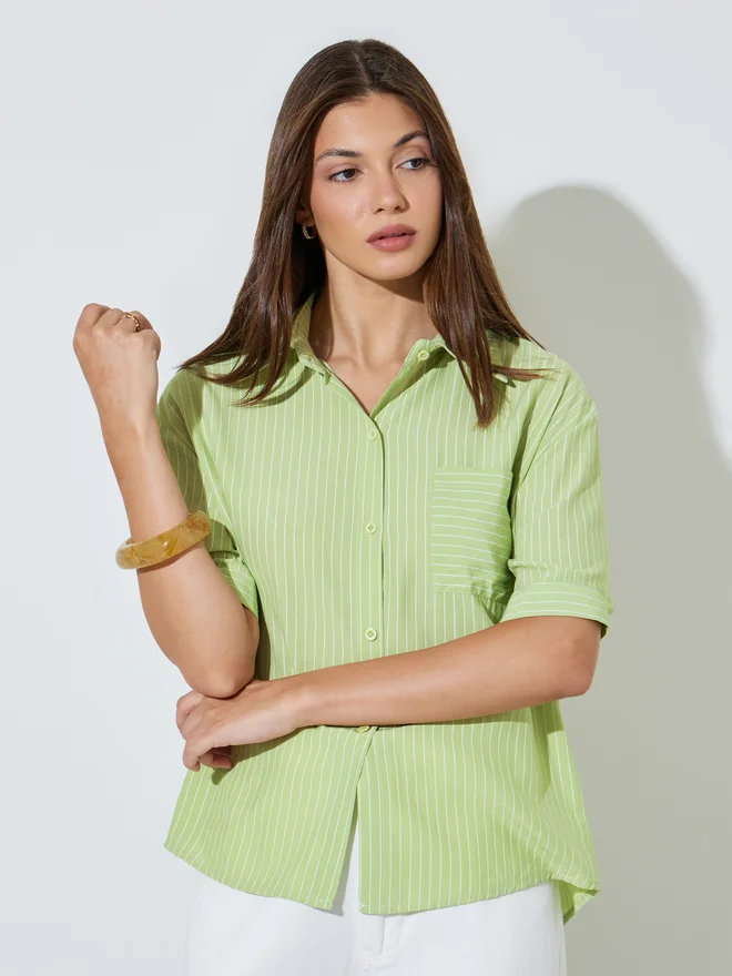 Styli Styli Green Striped Short Sleeve Casual Shirt