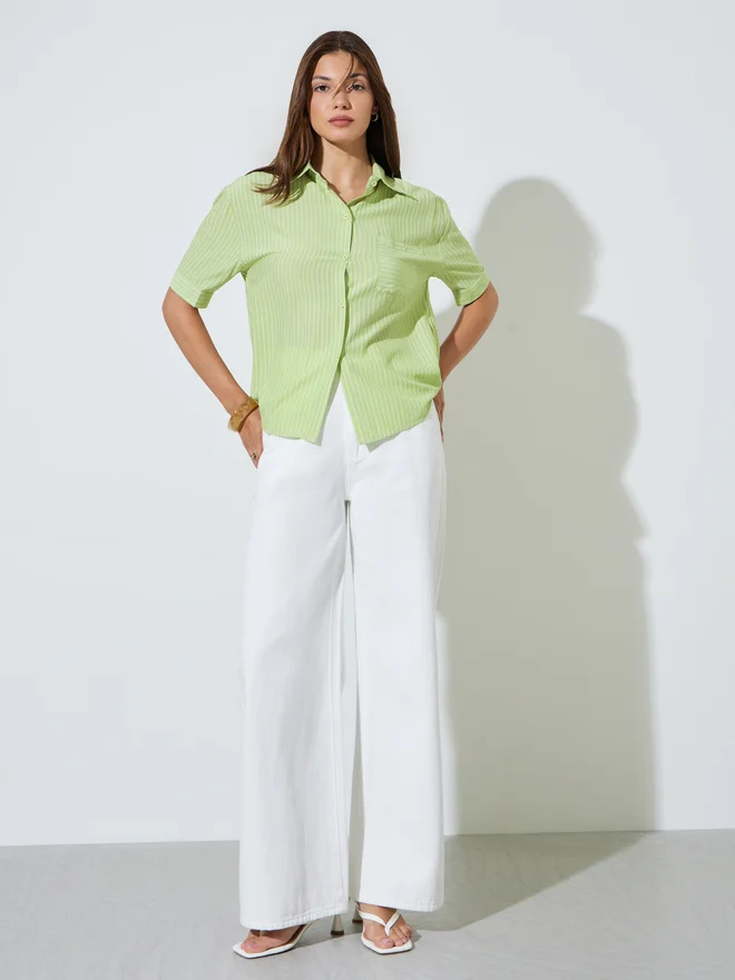 Styli Styli Green Striped Short Sleeve Casual Shirt