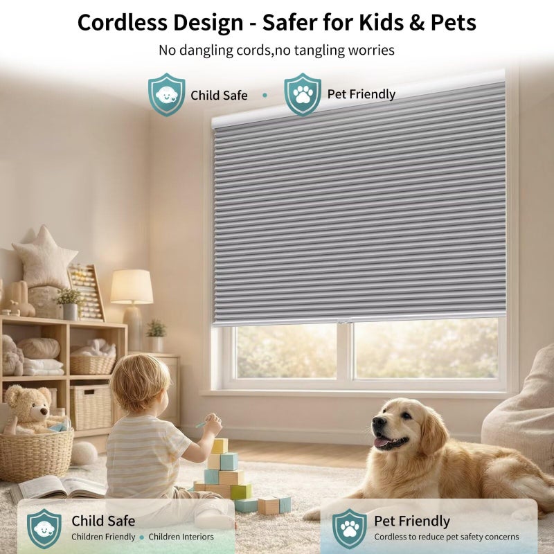 MYshade Cordless Blackout Cellular Shades for Windows, Honeycomb Window Shades with Thermal Insulation, Child & Pet Safe Room Darkening Shade, Easy Install,27" W x 72" H, Grey - Image 2