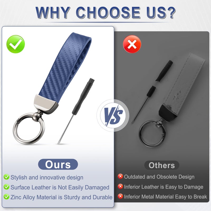 Justtop Leather Keychain  Carbon Fiber Car Key Chain With Anti-Lost D-Ring And 2 Key Ring  Car Accessories  Universal Keychain For Men And Women (Blue) - Image 5