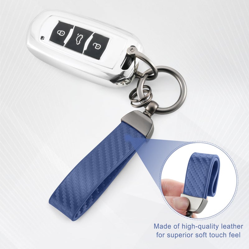 Justtop Leather Keychain  Carbon Fiber Car Key Chain With Anti-Lost D-Ring And 2 Key Ring  Car Accessories  Universal Keychain For Men And Women (Blue) - Image 3