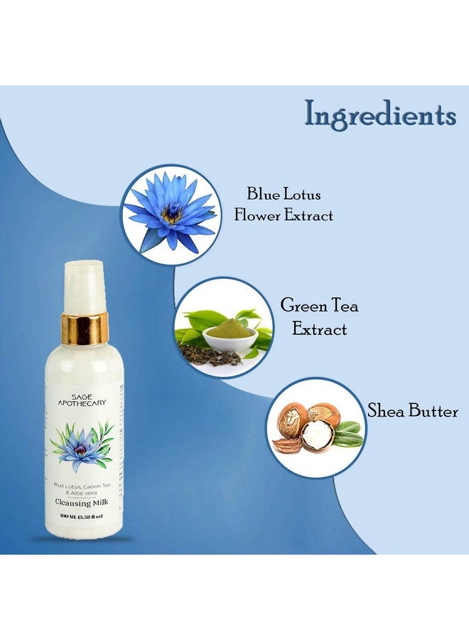 Sage Apothecary Blue Lotus, Green Tea & Aloe Vera Extract Cleansing Milk For Soft Deep Pore Removal Of Impurities & Make-Up|Refresh Energizing Healthy & Glowing Face Pack Of 100Ml - Image 4