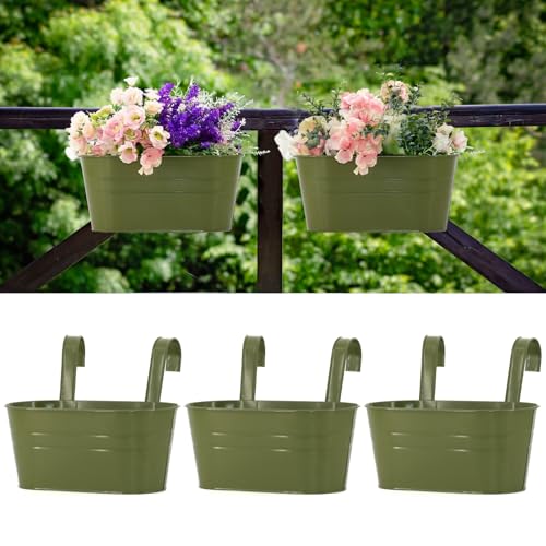 Meltset M 3 Pack Metal Railing Planters 105 Oval Hanging Flower Pots with Detachable Hooks Drainage Holes Fits Rails up to 236 Galvanized Iron Fence Bucket for Balcony Garden Patio Green - Image 1