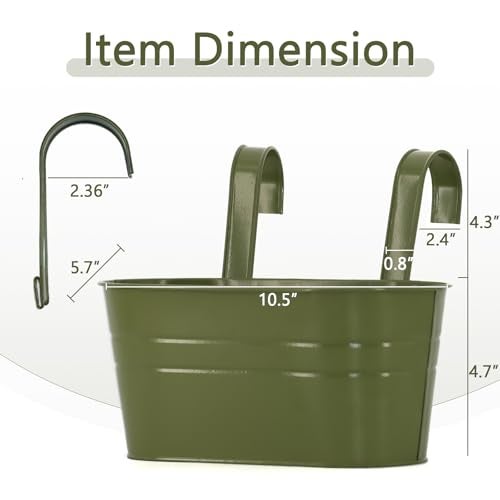 Meltset M 3 Pack Metal Railing Planters 105 Oval Hanging Flower Pots with Detachable Hooks Drainage Holes Fits Rails up to 236 Galvanized Iron Fence Bucket for Balcony Garden Patio Green - Image 3