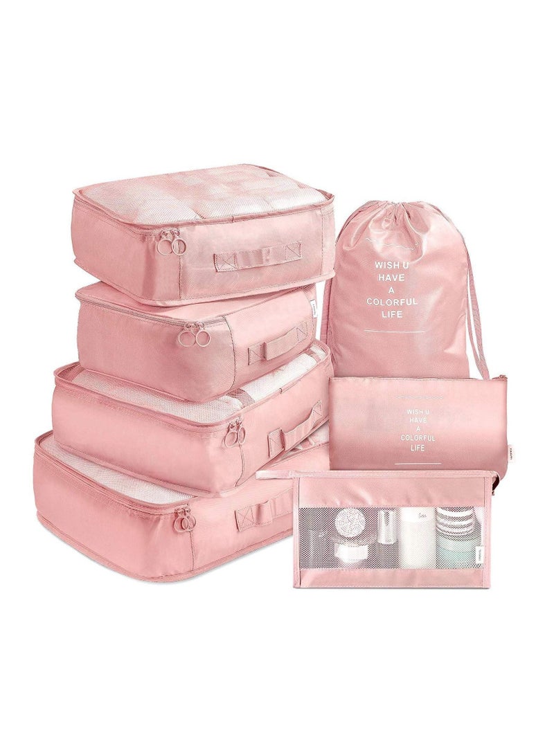 7pcs Set Travel Organizer Storage Bags Suitcase Packing Set Storage Cases Portable Luggage Organizer Clothes Shoe Tidy Pouch Bag -Pink - Image 1