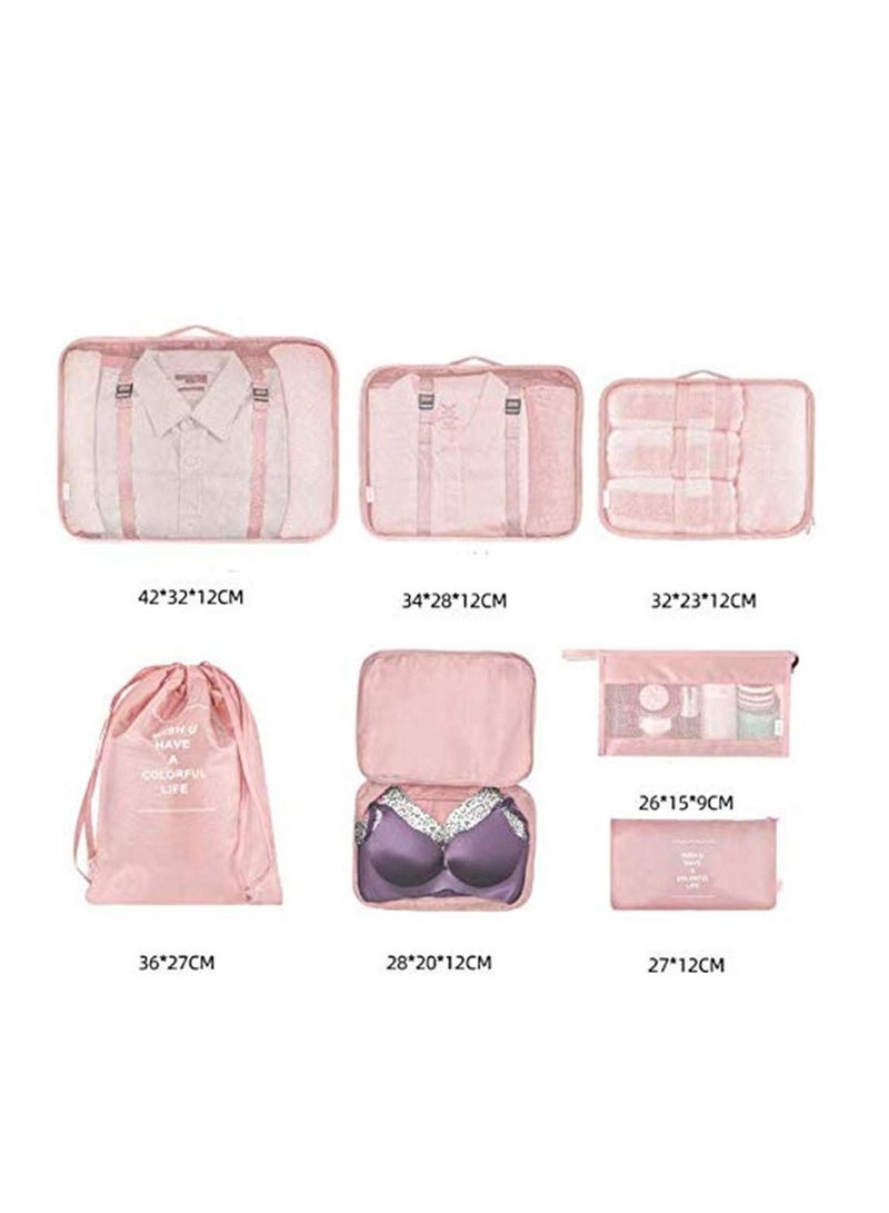 7pcs Set Travel Organizer Storage Bags Suitcase Packing Set Storage Cases Portable Luggage Organizer Clothes Shoe Tidy Pouch Bag -Pink - Image 2