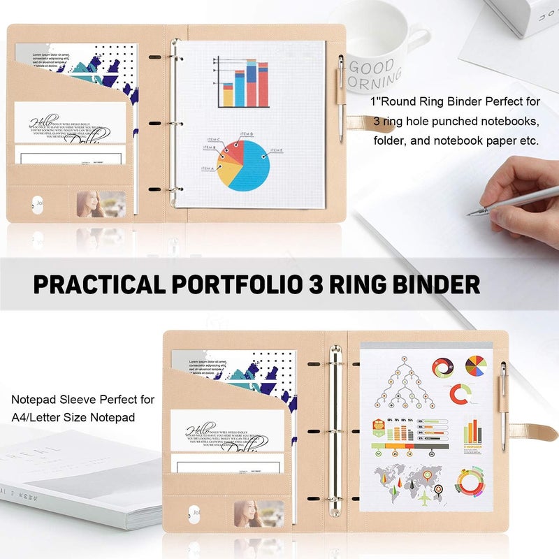 Toplive Padfolio 3 Ring Binder Organizer Business Portfolio Folder for Women, A4/ Letter Size PU Leather Portfolio Padfolio for Interview Conference Presentation, Gold - Image 5