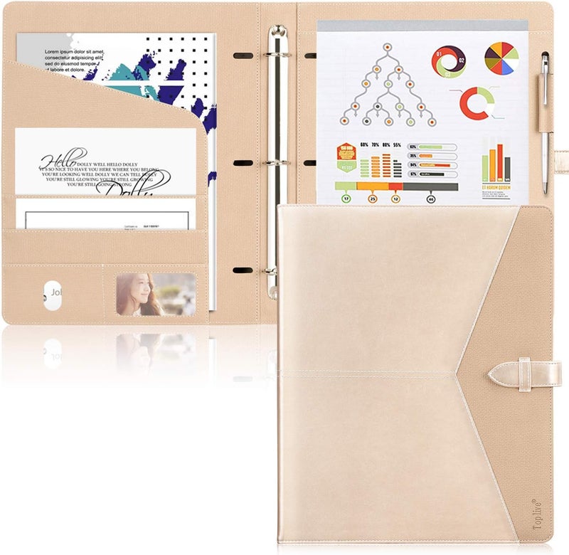 Toplive Padfolio 3 Ring Binder Organizer Business Portfolio Folder for Women, A4/ Letter Size PU Leather Portfolio Padfolio for Interview Conference Presentation, Gold - Image 1