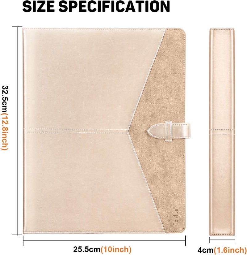 Toplive Padfolio 3 Ring Binder Organizer Business Portfolio Folder for Women, A4/ Letter Size PU Leather Portfolio Padfolio for Interview Conference Presentation, Gold - Image 3