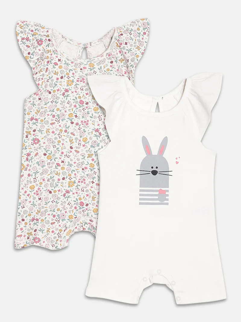 Broon Broon Infant Girls White and Grey Printed Organic Cotton Rompers Pack of 2