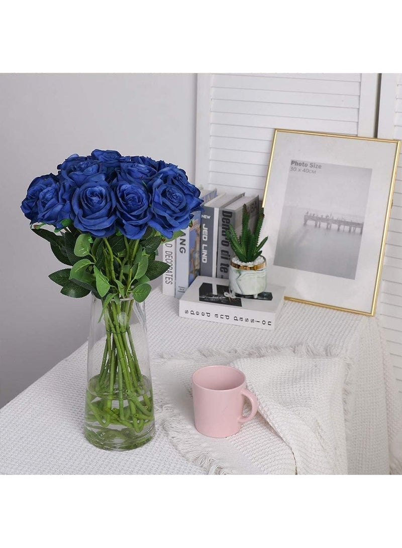 HOME ZONE Pack of 10 Artificial Silk Rose Flower Bouquet Lifelike Fake Rose for Wedding Home Party Decoration Event Gift (Blue) - Image 2