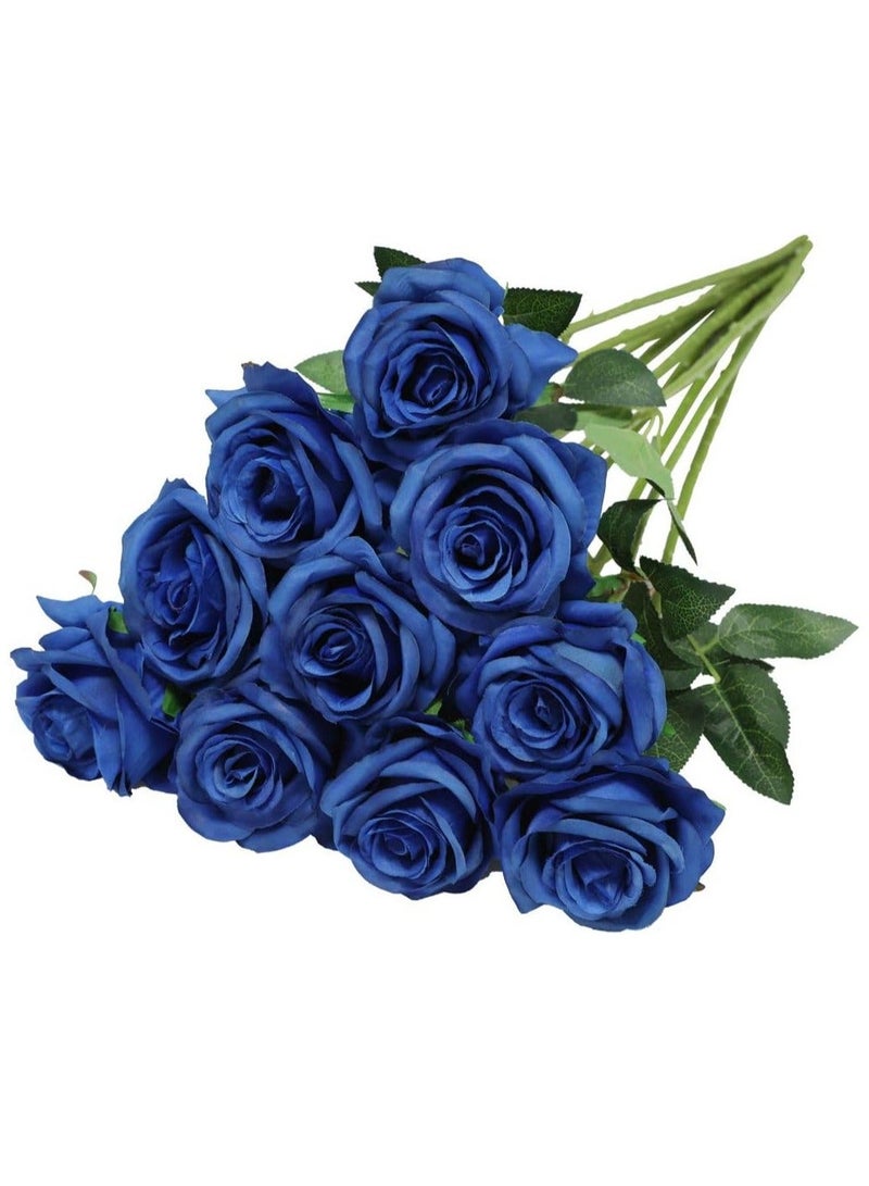 HOME ZONE Pack of 10 Artificial Silk Rose Flower Bouquet Lifelike Fake Rose for Wedding Home Party Decoration Event Gift (Blue) - Image 1