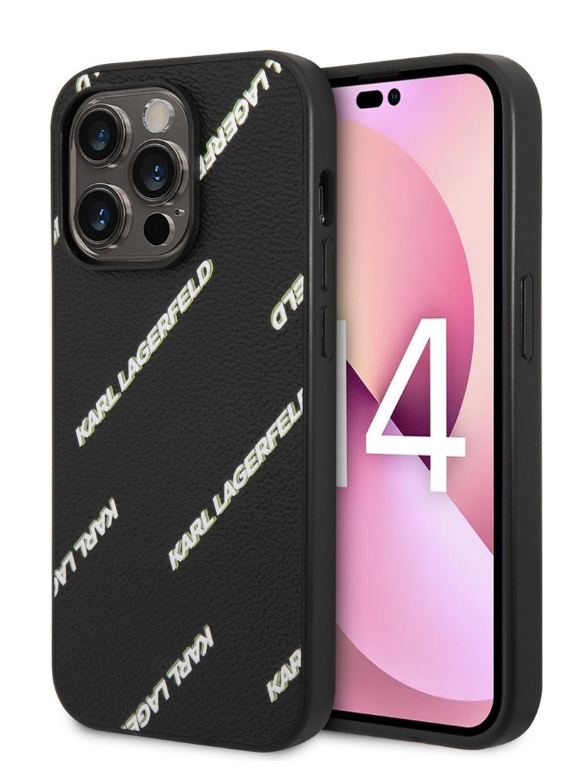 Karl Lagerfeld - iPhone 14 Pro Max Case Grained PU Leather Back Cover with Logomania Pattern / Officially licensed / Accuracy and Easy Access / Maximum protection for your investments / Stylish and slim cell phone case - Black - Image 1