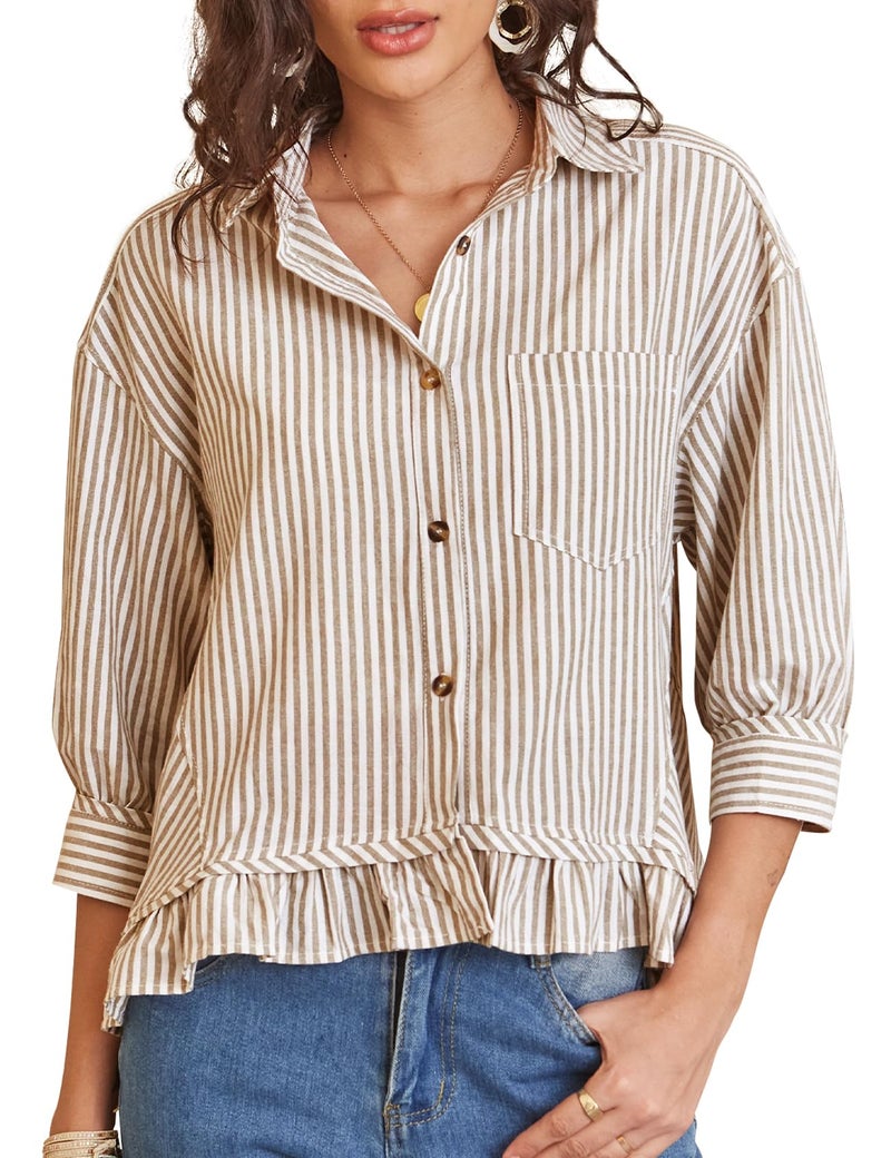 PEHMEA Women's Striped Button Down Shirt, 3/4 Sleeves Loose Fit Collared Blouse with Ruffle Casual Oversized Top(Tan-L) - Image 1