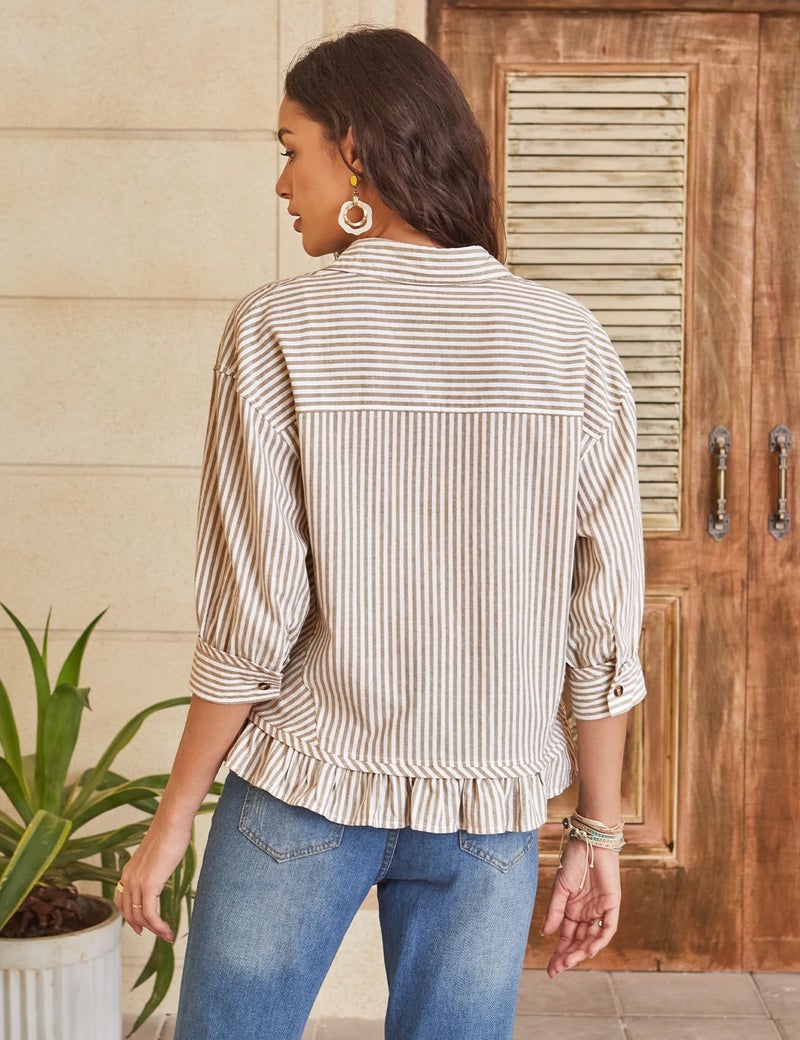 PEHMEA Women's Striped Button Down Shirt, 3/4 Sleeves Loose Fit Collared Blouse with Ruffle Casual Oversized Top(Tan-L) - Image 4