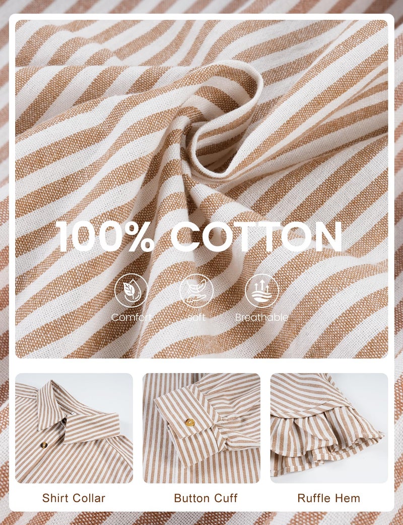 PEHMEA Women's Striped Button Down Shirt, 3/4 Sleeves Loose Fit Collared Blouse with Ruffle Casual Oversized Top(Tan-L) - Image 5
