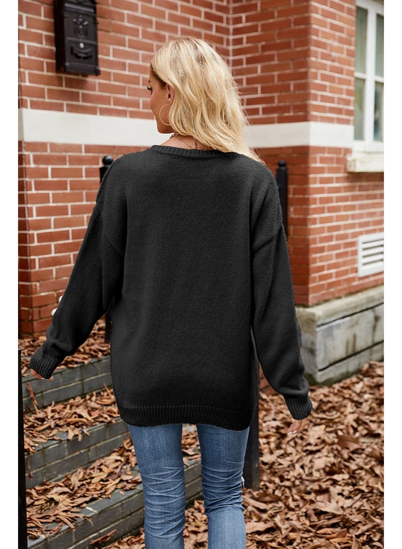 NIBEMINENT سويت شيرت نسائي كاجوال بأكمام طويلة محبوك فضفاض مريح بياقة دائرية مزين بزهور ثلاثية الأبعاد كروشيه لسقوط وشتاء - Image 2