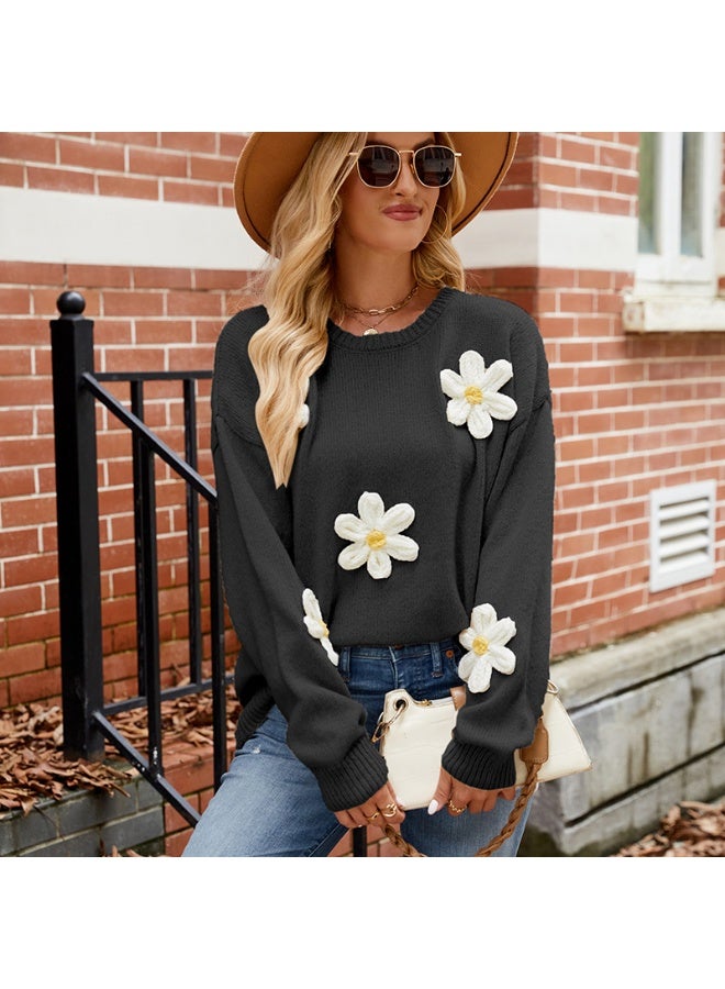 NIBEMINENT سويت شيرت نسائي كاجوال بأكمام طويلة محبوك فضفاض مريح بياقة دائرية مزين بزهور ثلاثية الأبعاد كروشيه لسقوط وشتاء - Image 1