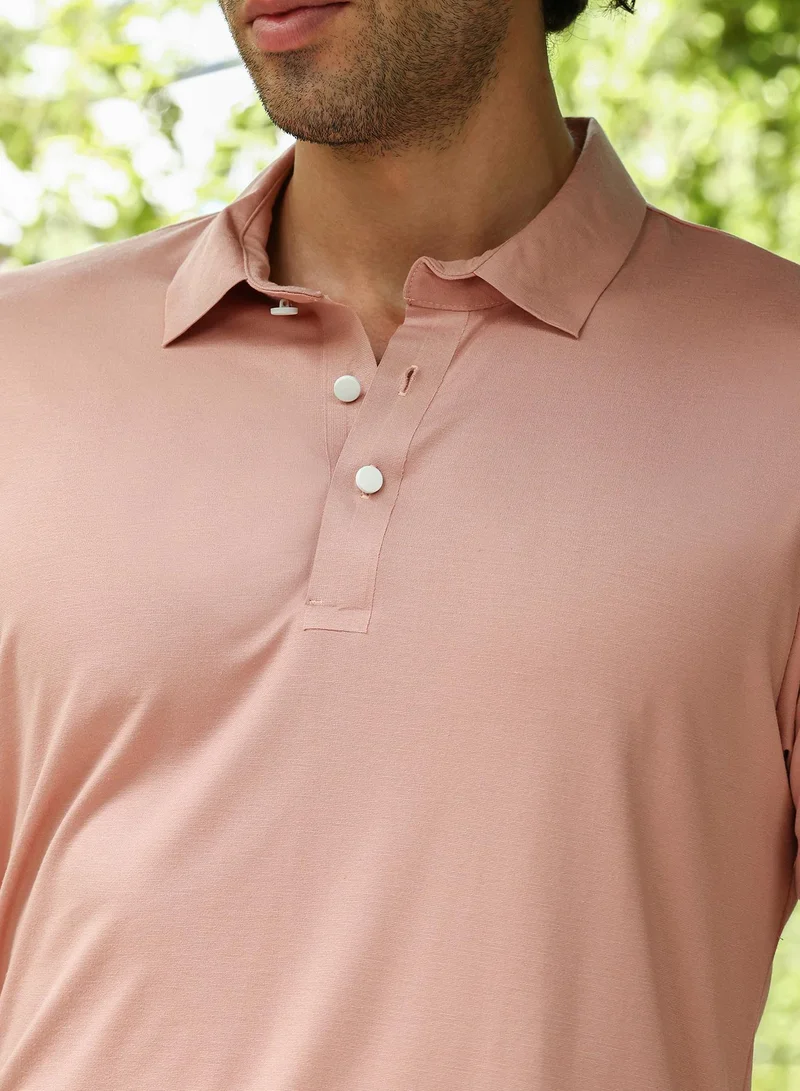 CAHOOT  Men's Pastel Peach Seamless Ribbed Polo T-Shirt for Men | Best Price UAE