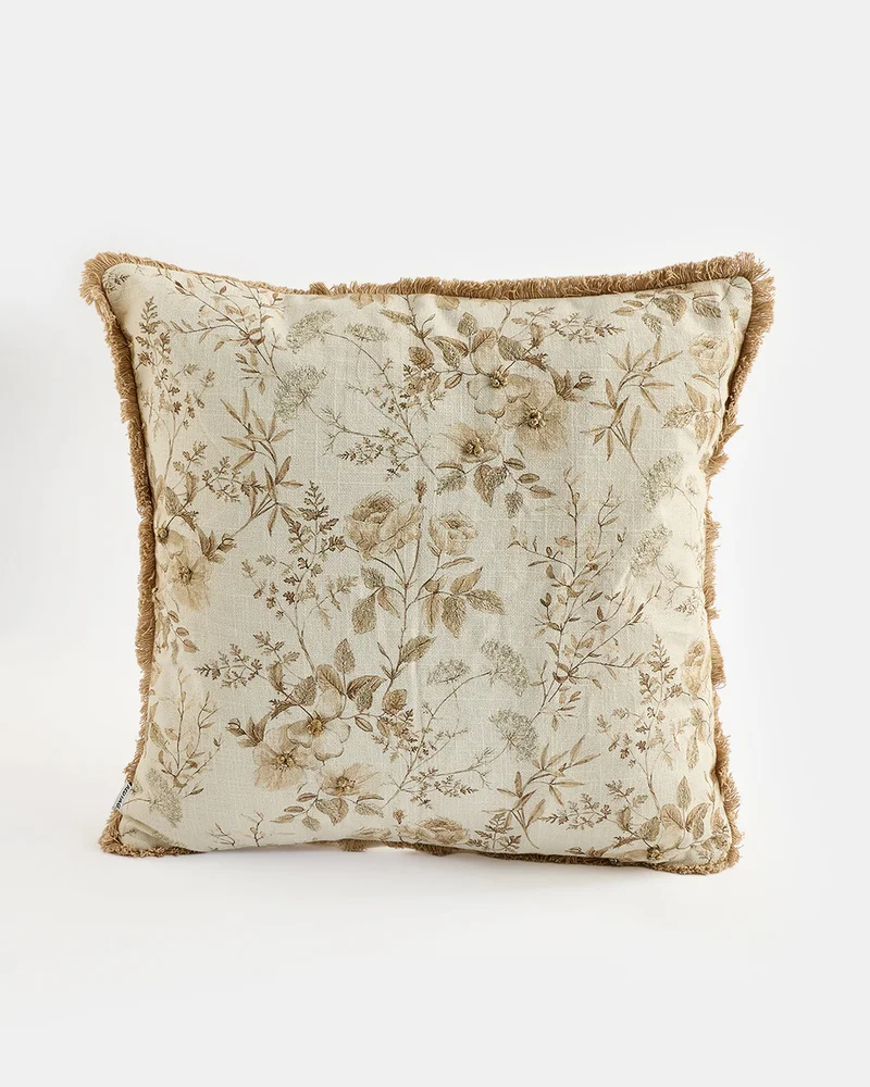 Redtag Beige Floral Embroidered Cushion With Fringe 45cm x 45cm