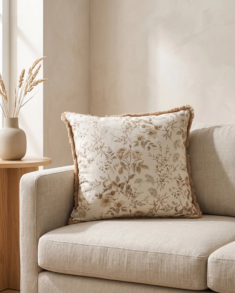 Redtag Beige Floral Embroidered Cushion With Fringe 45cm x 45cm