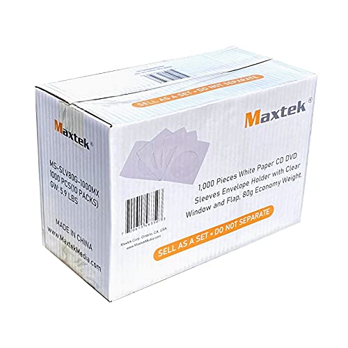 Maxtek 1,000 Pieces White Paper CD DVD Sleeves Envelope Holder with Clear Window and Flap, 80g Economy Weight. - Image 2