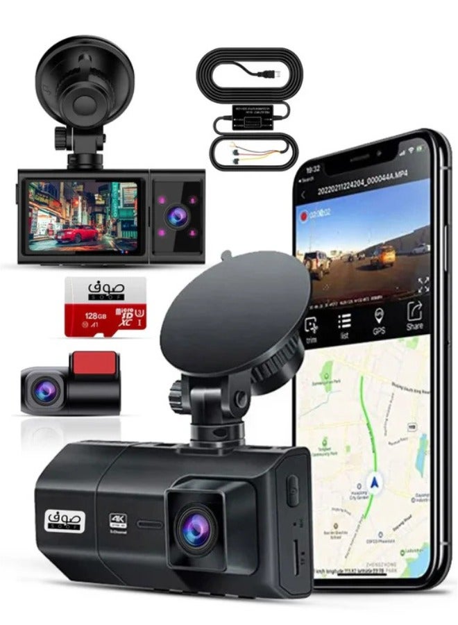 SOOF Dash Cam 3 Channels Dash Cam Front, Rear and Interior Dash Cam Car Camera Dash Cam Night Vision Car Camera Front camera 4k Back camera 2k interior camera 1080p HD with 64GB Memory card - Image 1