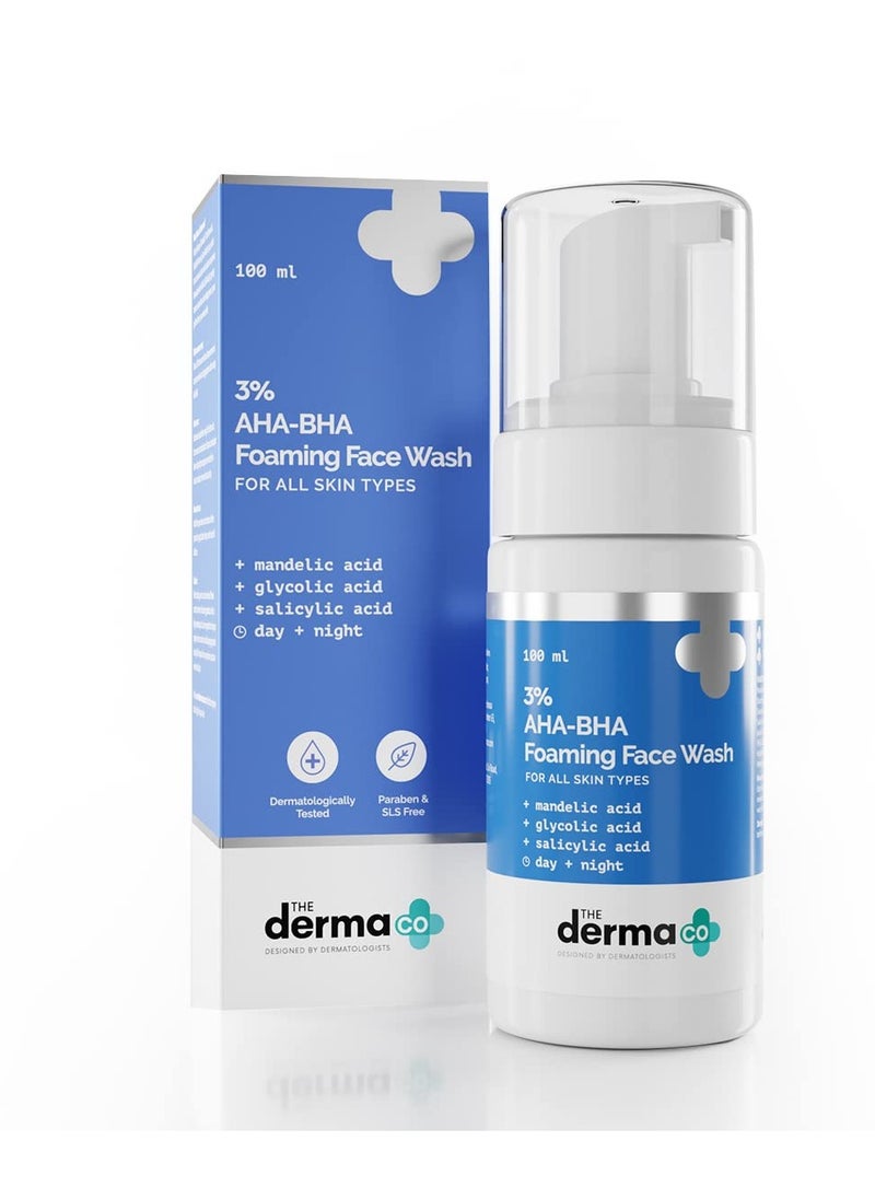 THE derma Co 3% AHA-BHA Foaming Face Wash for All Skin Types | Gently Exfoliates & Controls Acne | Oil-Free Facial Buildup Cleanser | 3.38 Fl Oz/100ml  - Image 1