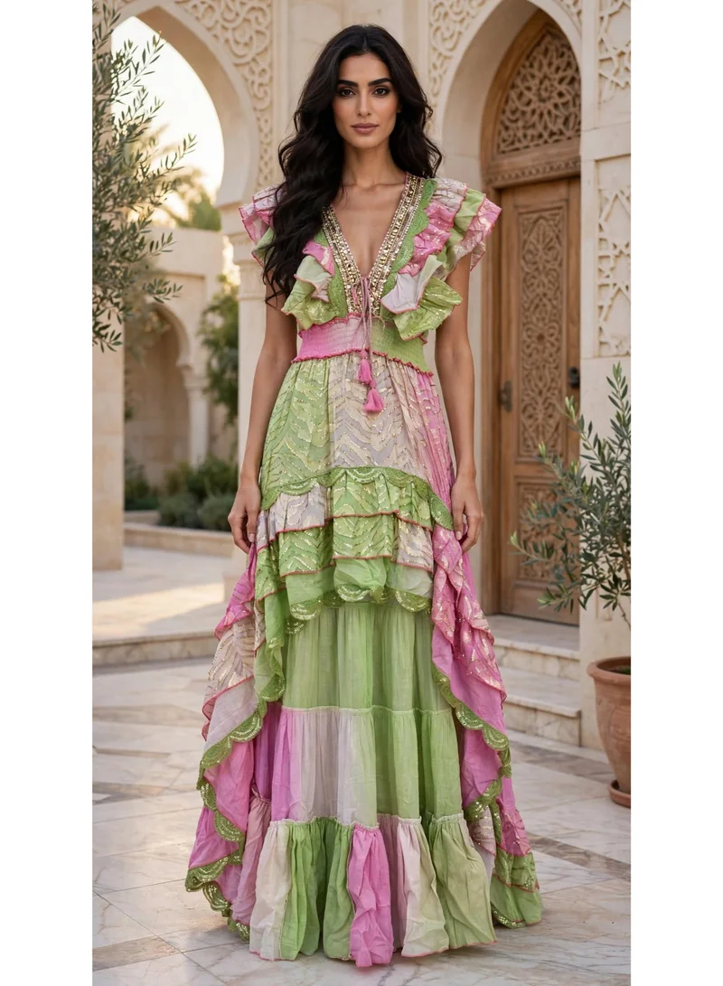 Tiered Metallic V Neck Maxi Jalabiya
