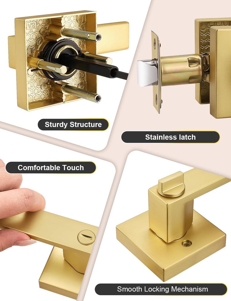 Tinewa 2 Pack Heavy Duty Gold Square Privacy Interior Door Levers, Satin Brass Finish, Bedroom and Bathroom Door Handles Keyless Bed/Bath Lockset - Image 4