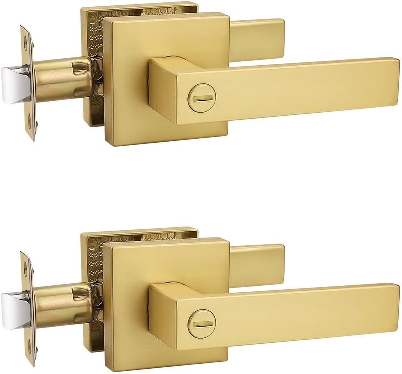 Tinewa 2 Pack Heavy Duty Gold Square Privacy Interior Door Levers, Satin Brass Finish, Bedroom and Bathroom Door Handles Keyless Bed/Bath Lockset - Image 1