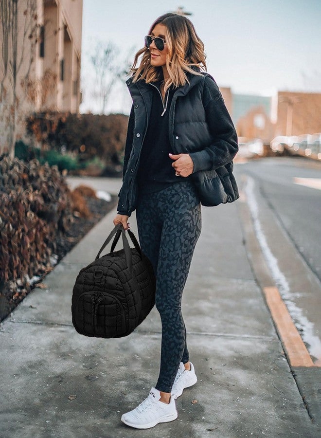FODOKO Quilted Duffel Bag for Women, Puffer Gym Duffle with Shoe Compartment, Lightweight Large Crossbody Sport Bag Travel Tote, Black - Image 2