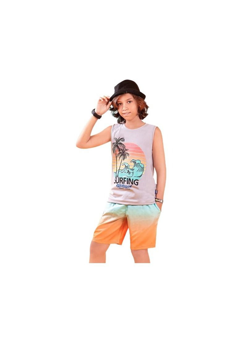 My boys' swimsuit consists of a multi-colored T-shirt and shorts 