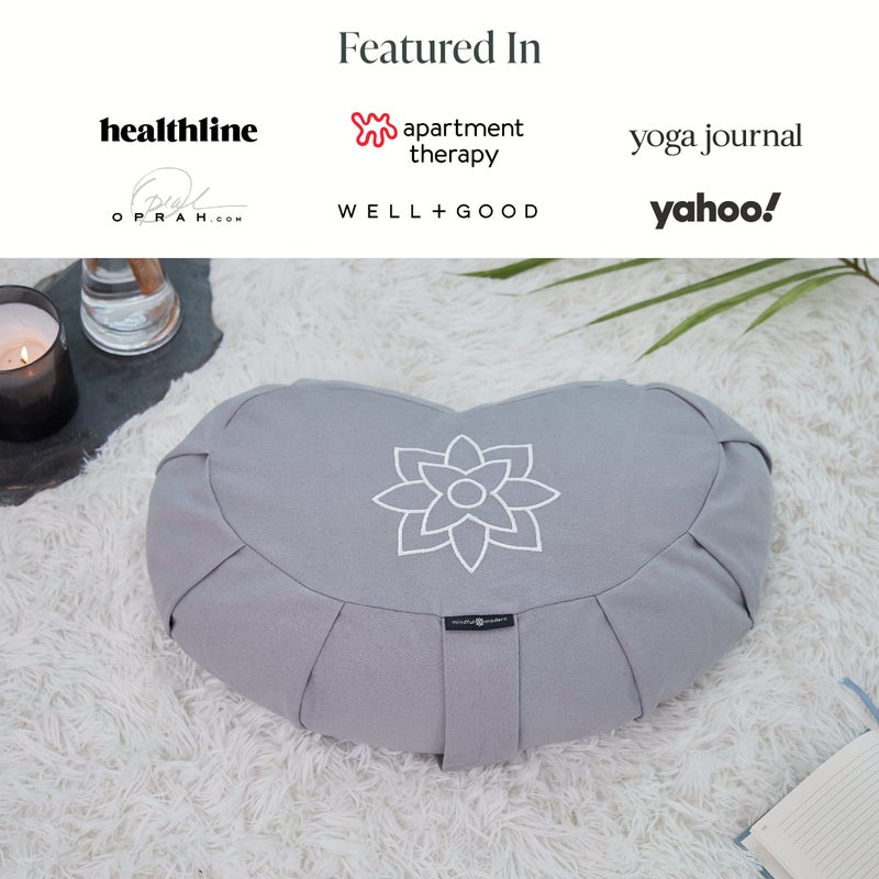 Mindful Modern Mindful & Modern Large Meditation Cushion | Zafu Yoga Bolster Meditation Floor Pillow Seat | Buckwheat Hull Filled Crescent Shaped Cushion with Removable Washable Cover + Carry Handle | Grey - Image 5