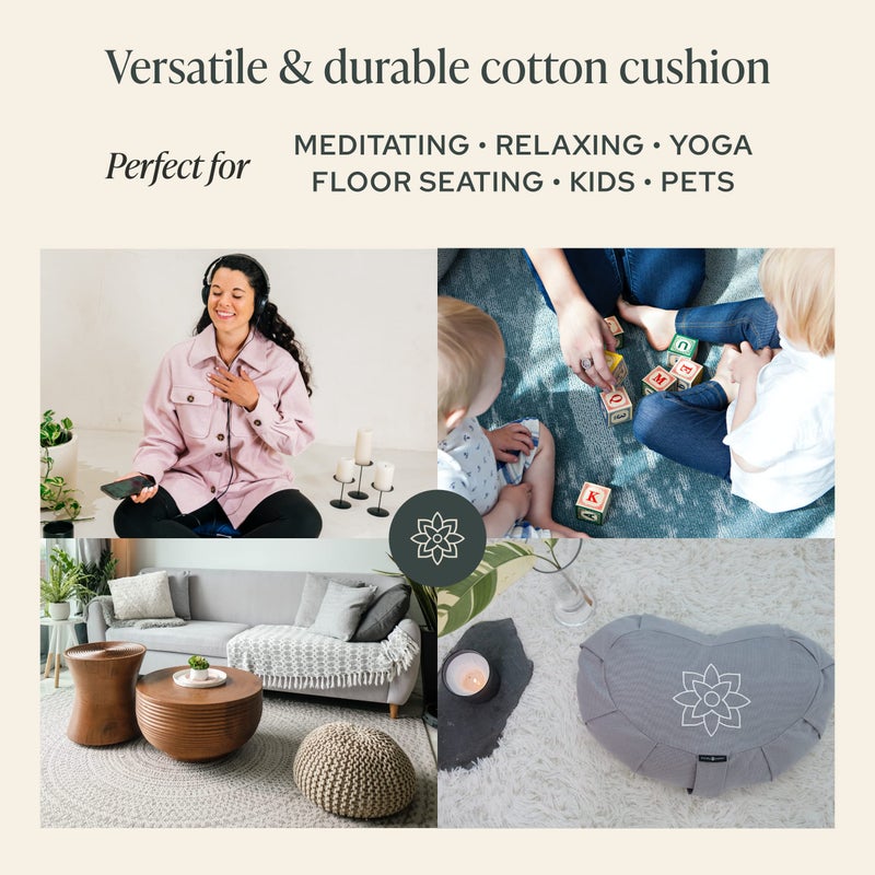 Mindful Modern Mindful & Modern Large Meditation Cushion | Zafu Yoga Bolster Meditation Floor Pillow Seat | Buckwheat Hull Filled Crescent Shaped Cushion with Removable Washable Cover + Carry Handle | Grey - Image 4