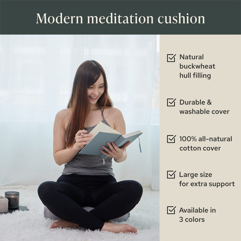 Mindful Modern Mindful & Modern Large Meditation Cushion | Zafu Yoga Bolster Meditation Floor Pillow Seat | Buckwheat Hull Filled Crescent Shaped Cushion with Removable Washable Cover + Carry Handle | Grey - Image 3