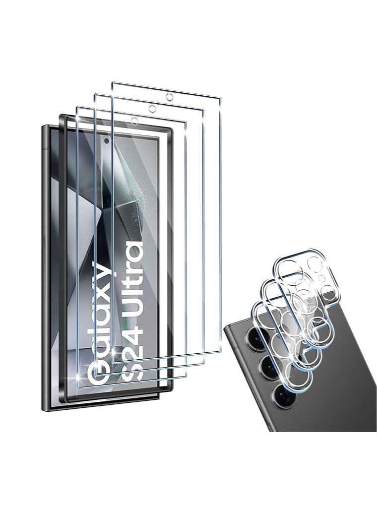 General The screen protector is compatible with the Samsung Galaxy S24 Ultra with frame positioning assistance, a pack of 3 screen protectors and 3 camera protectors, 9 hours of hardness scratch resistant HD  - Image 1