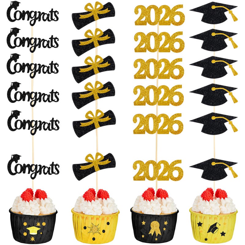 Chinco 100 Pack 2026 Graduation Cupcake Toppers Glitter Grad Cap Food Appetizer Picks Cake Caps Party Decorations Diploma Cupcake Picks for Cake Class of 2026 Graduation Party Black and Gold - Image 3