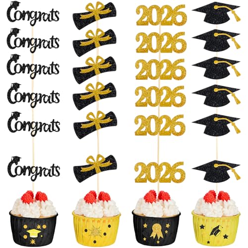 Chinco 100 Pack 2026 Graduation Cupcake Toppers Glitter Grad Cap Food Appetizer Picks Cake Caps Party Decorations Diploma Cupcake Picks for Cake Class of 2026 Graduation Party Black and Gold - Image 1