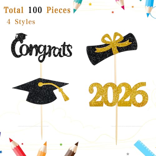 Chinco 100 Pack 2026 Graduation Cupcake Toppers Glitter Grad Cap Food Appetizer Picks Cake Caps Party Decorations Diploma Cupcake Picks for Cake Class of 2026 Graduation Party Black and Gold - Image 5
