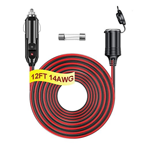 RWUJILONG 12V24V Heavy Duty Cigarette Lighter Extension Cord 12FT 14AWG 240W with LED Light for Car Vehicle Tire Pump Air Compressor Refrigerator Coffee Maker etc 1Spare Fuse - Image 1