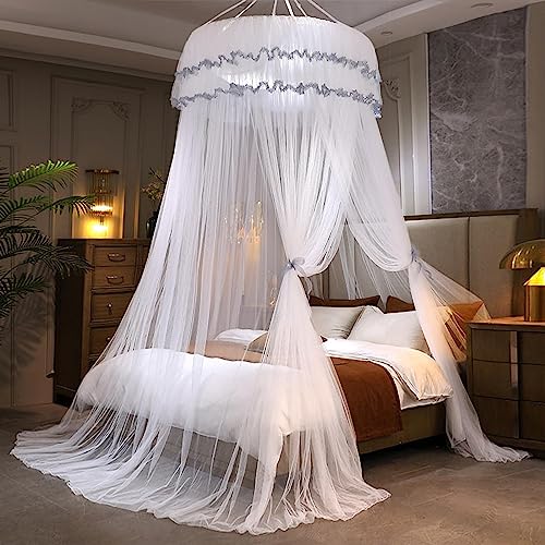 Kertnic Mosquito Net Bed Canopy for Girls, Princess Canopy Bed Curtain Fine Sheer Mesh Dome Bed Canopies, Kids & Adults Lace Tent for Twin Full Queen King Bed (White) - Image 4