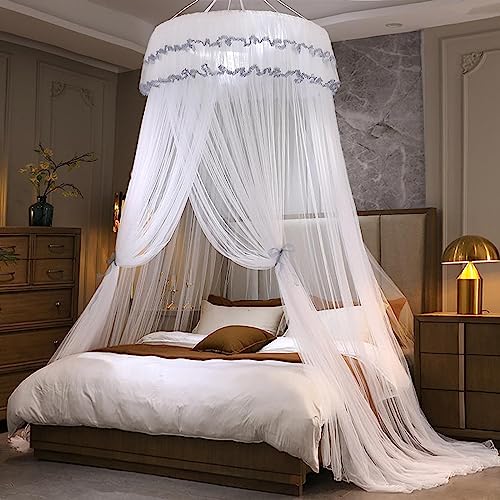 Kertnic Mosquito Net Bed Canopy for Girls, Princess Canopy Bed Curtain Fine Sheer Mesh Dome Bed Canopies, Kids & Adults Lace Tent for Twin Full Queen King Bed (White) - Image 1