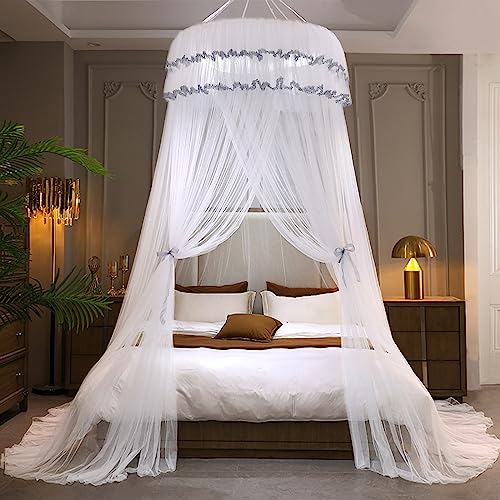 Kertnic Mosquito Net Bed Canopy for Girls, Princess Canopy Bed Curtain Fine Sheer Mesh Dome Bed Canopies, Kids & Adults Lace Tent for Twin Full Queen King Bed (White) - Image 3