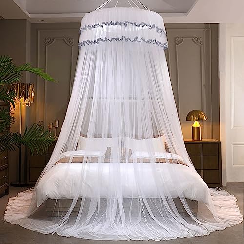 Kertnic Mosquito Net Bed Canopy for Girls, Princess Canopy Bed Curtain Fine Sheer Mesh Dome Bed Canopies, Kids & Adults Lace Tent for Twin Full Queen King Bed (White) - Image 2