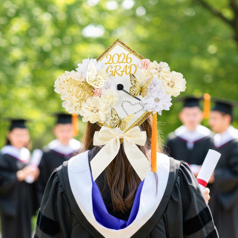 ATTGREAT Graduation Cap Decorations Kit 2026 DIY Cap Decorations 36PCS Included Fake Flowers Heads Bow 3D Butterfly Self Adhesive Rhinestones Stickers Alphabet Letter Stickers for Grad Party Decor, White - Image 2