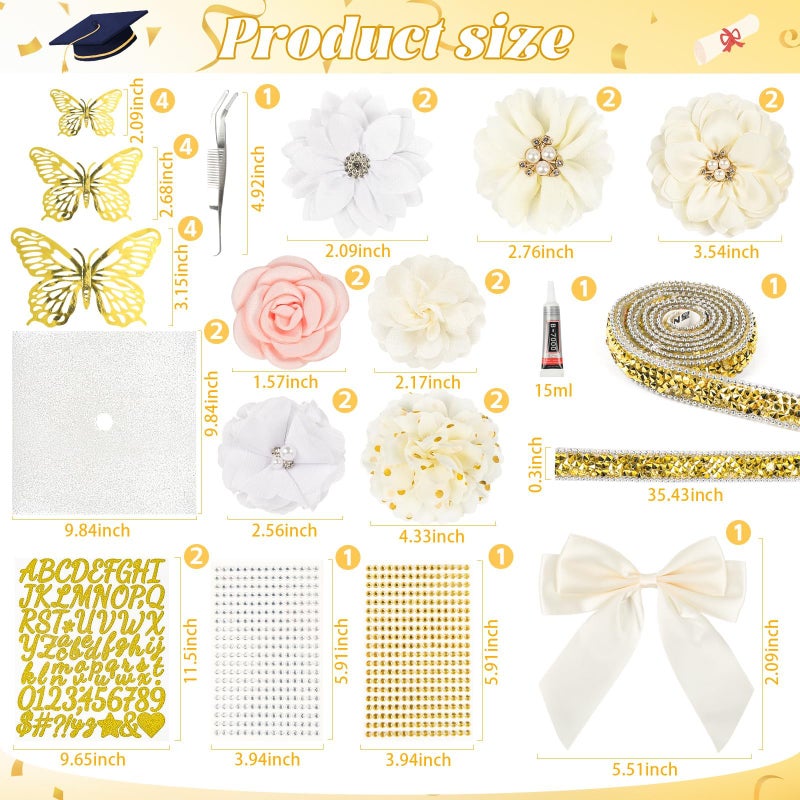 ATTGREAT Graduation Cap Decorations Kit 2026 DIY Cap Decorations 36PCS Included Fake Flowers Heads Bow 3D Butterfly Self Adhesive Rhinestones Stickers Alphabet Letter Stickers for Grad Party Decor, White - Image 3