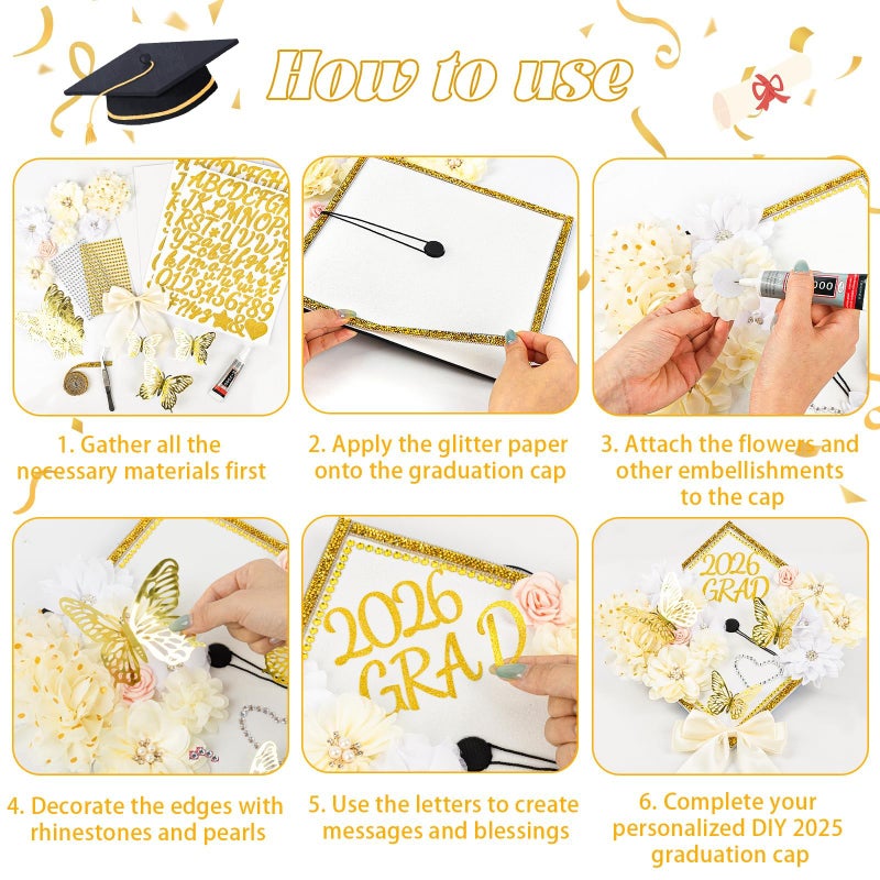 ATTGREAT Graduation Cap Decorations Kit 2026 DIY Cap Decorations 36PCS Included Fake Flowers Heads Bow 3D Butterfly Self Adhesive Rhinestones Stickers Alphabet Letter Stickers for Grad Party Decor, White - Image 4