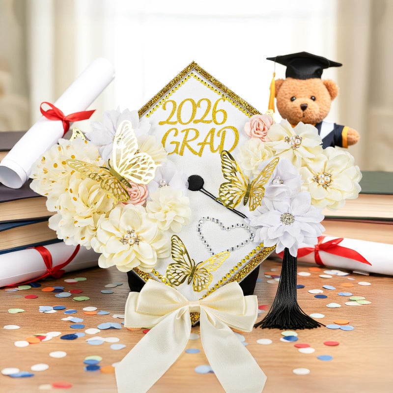 ATTGREAT Graduation Cap Decorations Kit 2026 DIY Cap Decorations 36PCS Included Fake Flowers Heads Bow 3D Butterfly Self Adhesive Rhinestones Stickers Alphabet Letter Stickers for Grad Party Decor, White - Image 5