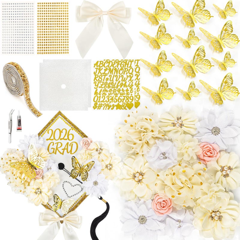ATTGREAT Graduation Cap Decorations Kit 2026 DIY Cap Decorations 36PCS Included Fake Flowers Heads Bow 3D Butterfly Self Adhesive Rhinestones Stickers Alphabet Letter Stickers for Grad Party Decor, White - Image 1